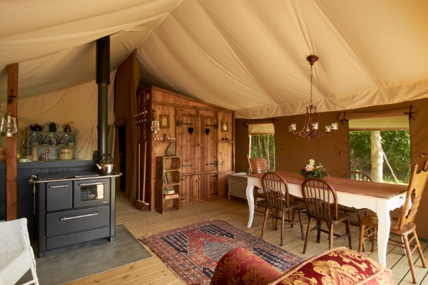 Glamping tent interior in Suffolk